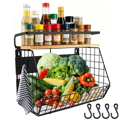 BILIONE Magnetic Shelf for Fridge with Wood Lid Large Spice Rack Organizer Basket