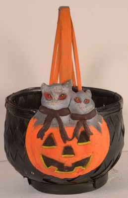 Halloween Black Wicker Basket Vintage Unique Decor Jack-O-Lantern Cat Prop