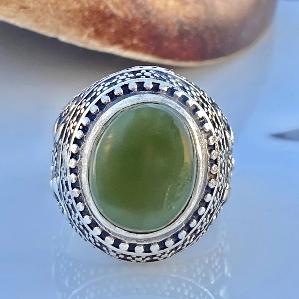 独特手工玉宝石 925 纯银戒指 男式 حجر جاد — 第 3/4 张图片