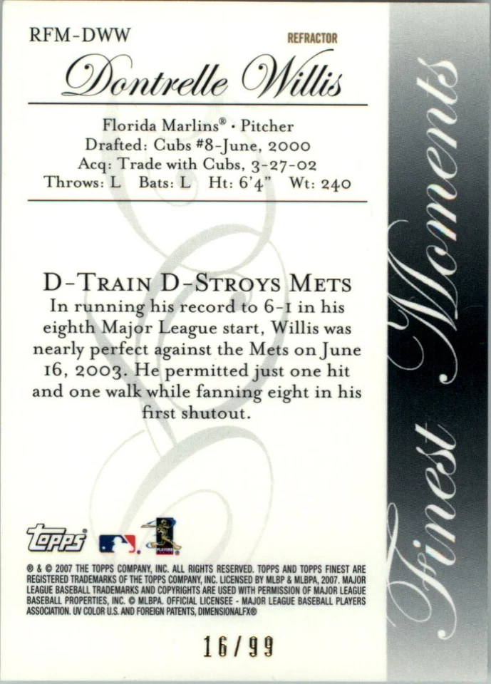 2007 Finest Rookie Finest Moments Refractors Black #DWW Dontrelle Willis /99 BB - Image 2 of 2