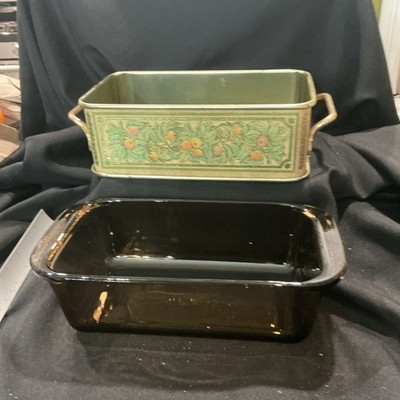 Vintage Pyrex Glass Loaf Pan #213 1.5qt Baking Dish w Decorative Metal Carrier