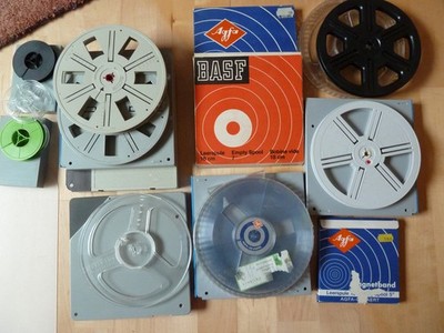 14 Leerspulen Filmspulen mit Schuber - Agfa BASF Eumig Rowi - Konvolut