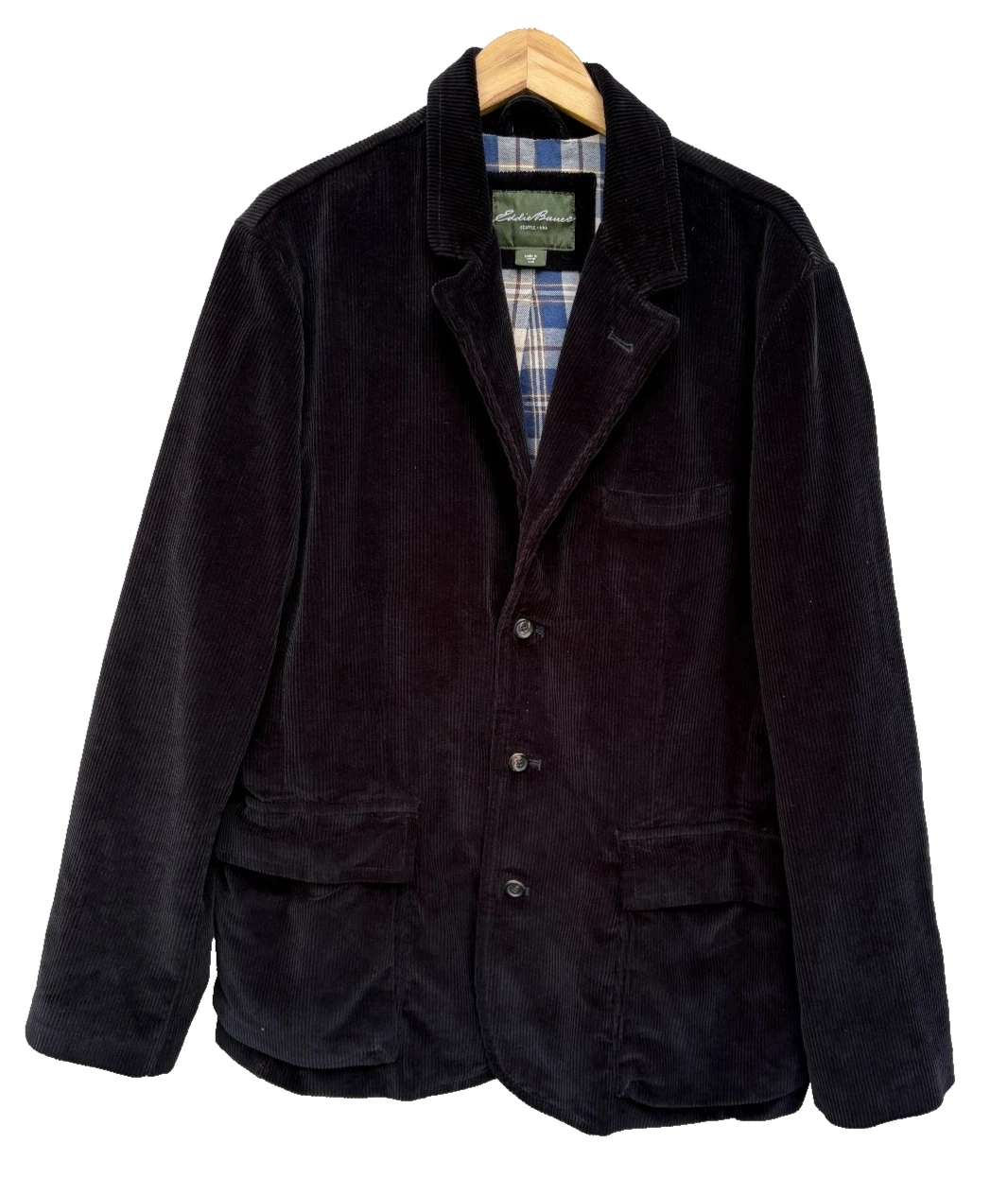 Eddie Bauer Corduroy Jacket Coat Men's 46 Tall Black Leather Elbow Patches