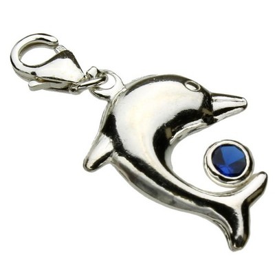 Sterling Silver Large Dolphin Lobster Blue Crystal Clasp Clip-On Dangle Charm