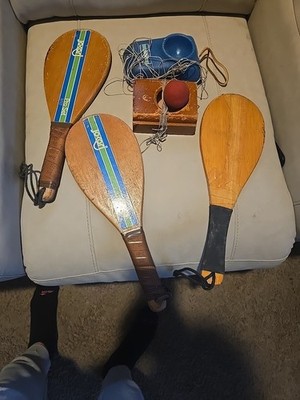 Jokari Pro Set Wood Racquet Ball Paddles Kyle Rote Jr Vintage 70's Good Shape
