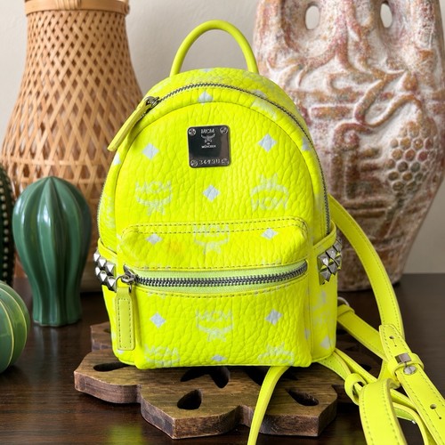 MCM X-Mini Stark Bebe Boo Backpack Neon Yellow Visetos Side Studs Authentic