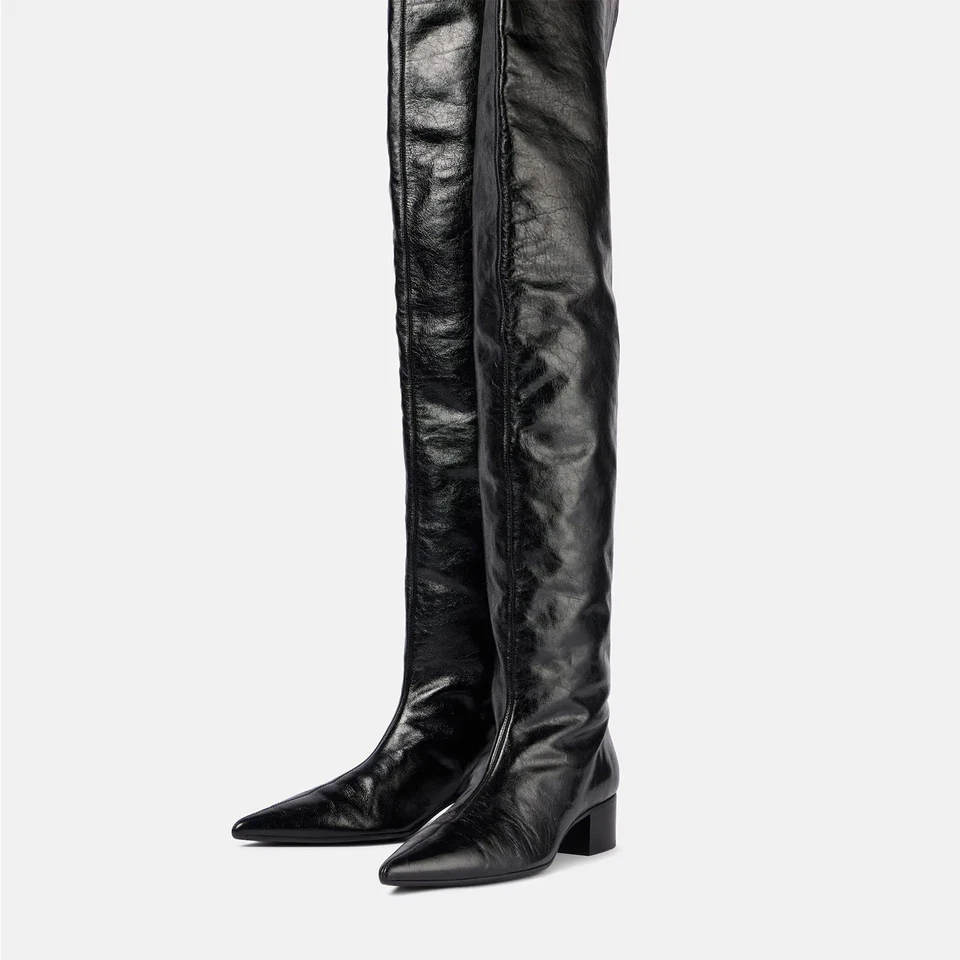 Women Over the Knee Boots Pointed toe Chunky Middle Heel Pumps Thigh-High Boots - Image 2 of 4