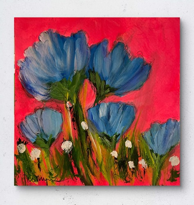 #ad Mary Myers Original Abstract Expressionism 8x8 Blue Poppies Signed Fine Art $85.23
