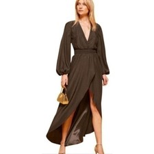 Reformation Rosalina Cocoa Brown Silk Long Sleeve High Low V-Neck Maxi Dress Sm