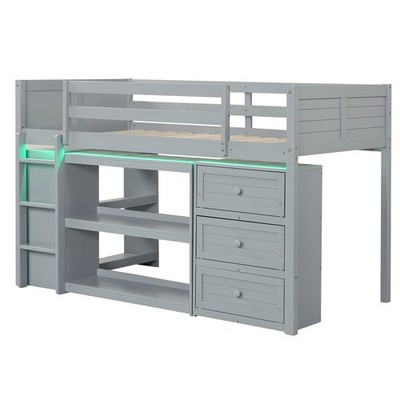 Twin Size Loft Bed w/LED Lights Underbed Space Drawers Shelves Ladder for Kids