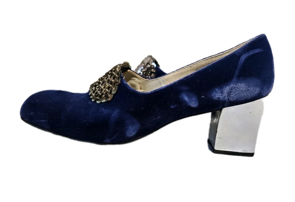 Custom Craft Vtg MCM 60s Blue Velvet Silver Square Toe Block Heel Bridal Size 7 - Image 4 of 4