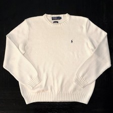 Vintage 80s POLO Ralph Lauren Cream 100 Cotton Sweater Navy Pony Hong Kong XL