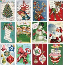 48 Pack Christmas Vintage Watercolor Greeting Cards Santa Snowman Reindeer Blank