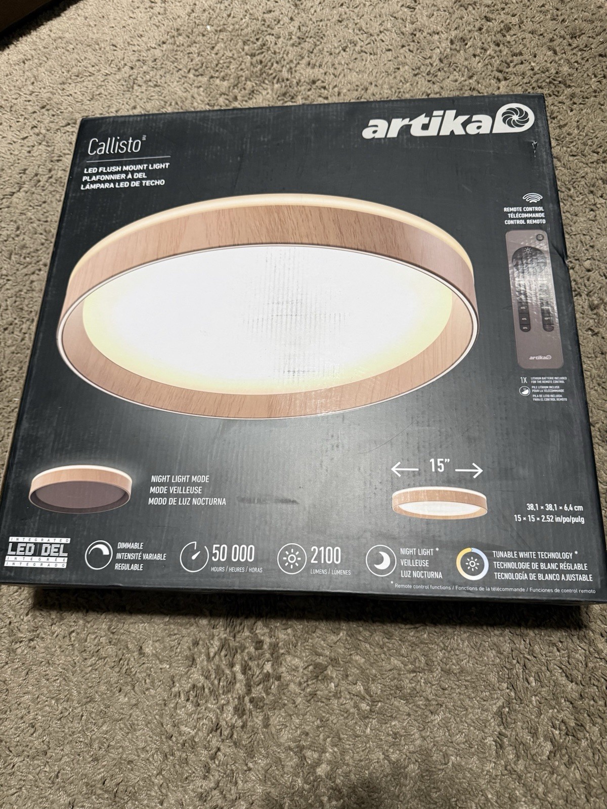 Artika Callisto 15 in. 1-Light Wood 5CCT Selectable LED Flush Mount with Remote