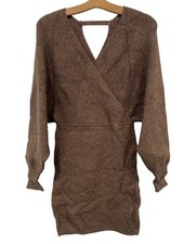 C D M Faux Wrap Sweater Dress Size Large Belted Brown Cotton Blend NEW
