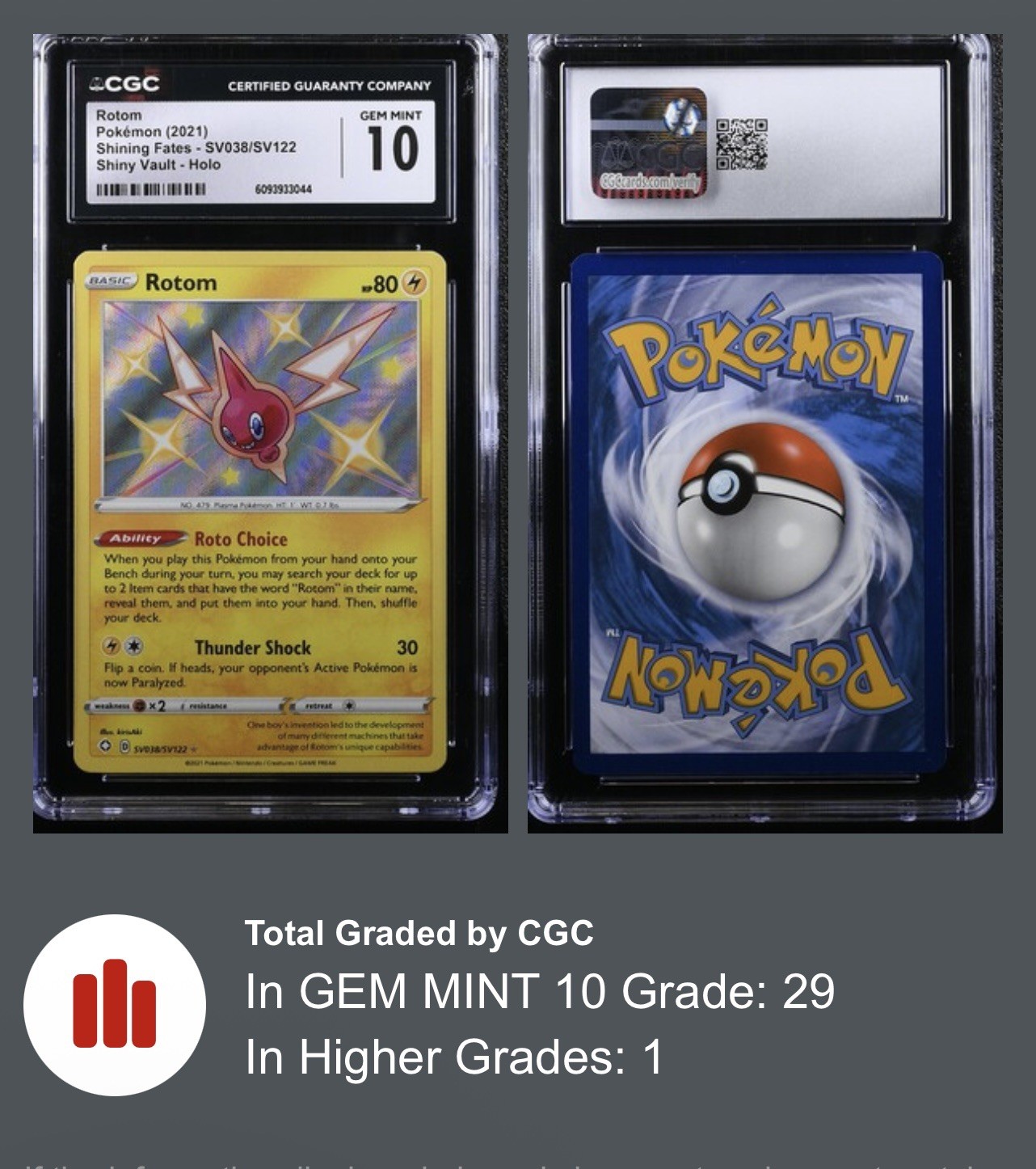 ✨✨✨ CGC 10 Rotom Pokémon 2021 Shining Fates SV038/SV122 Holo
