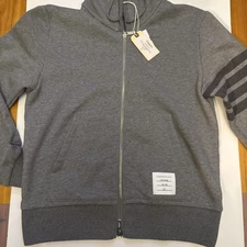 New $1000 Men Thom Browne Gray RELAXED ZIP UP HOODIE W/ TONAL 4-BAR LOOPBACK miu