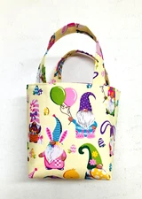 Handmade Fabric Lined Mini Tote Bag/Gift Bag Reusable Yellow Easter Gnomes New