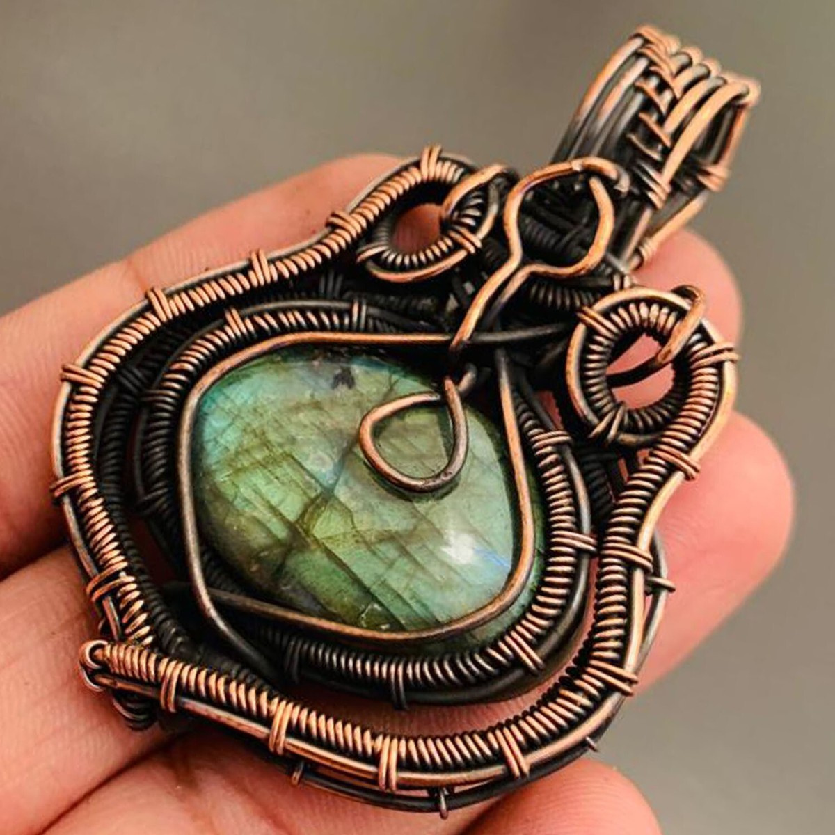 Labradorite Gemstone Copper Wire Wrapped Handmade Pendant Size