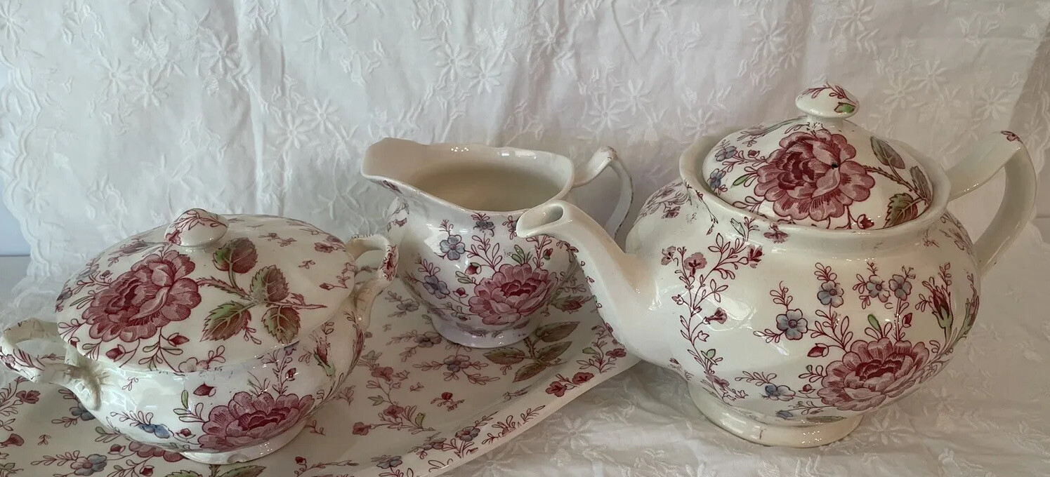 JOHNSON BROTHERS Rose Chintz Teapot, Sugar Bowl, Creamer & Platter