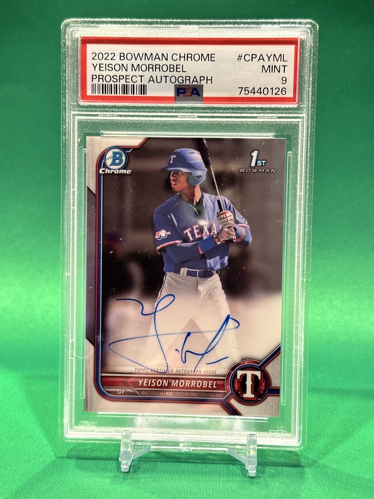 Yeison Morrobel 2022 1st Bowman Chrome AUTO Prospect Rookie Rangers RC PSA 9