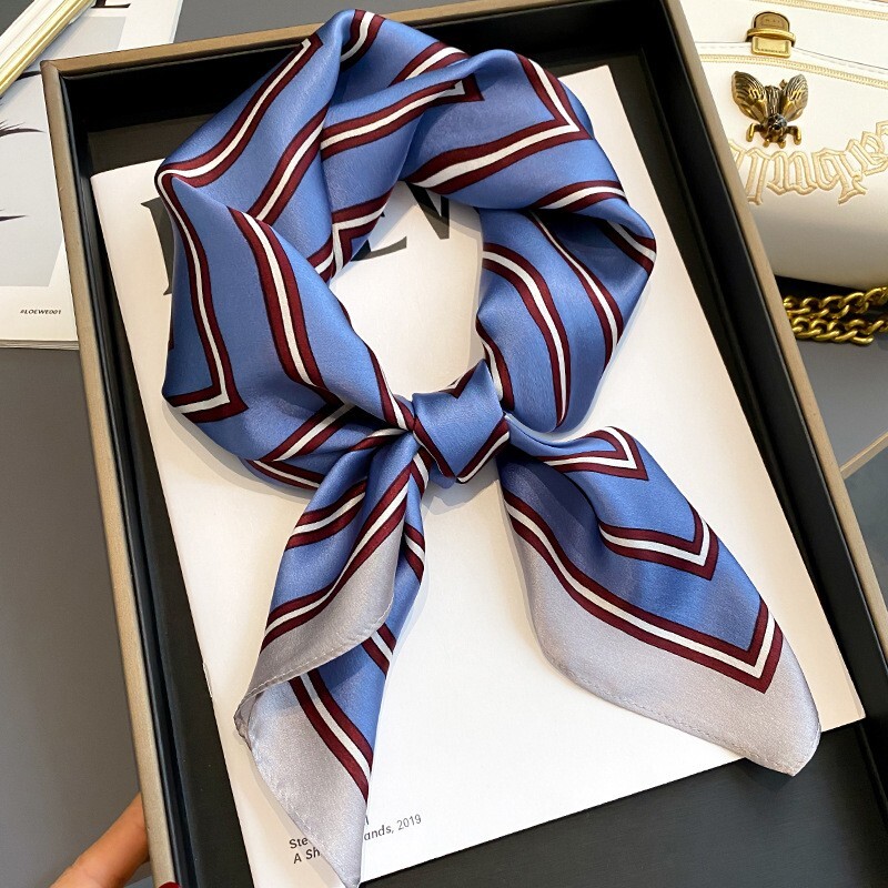 100% Mulberry Silk 27'' Scarf Women Fashion Blue Striped Kerchief Square Bandana