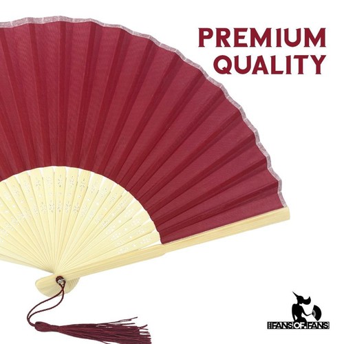 Hand Fan Maroon Red Silky Feel Bamboo Ribs Organza Bag Wedding Party Favour - Picture 3 of 12