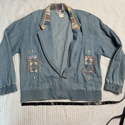 Vintage 80s Aztec Denim Bomber Blazer Zip Collar Jacket Made In USA Size M