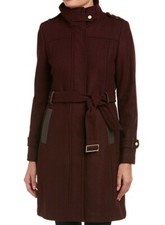 Cole Haan 166507 Womens Belted Long Sleeve Wool Blend Coat Bordeaux Size 10