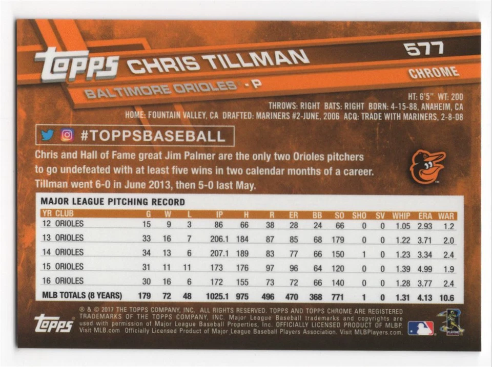 2017 Topps Chrome Sapphire Print Run 250 Chris Tillman #577 Baltimore Orioles - Image 2 of 2