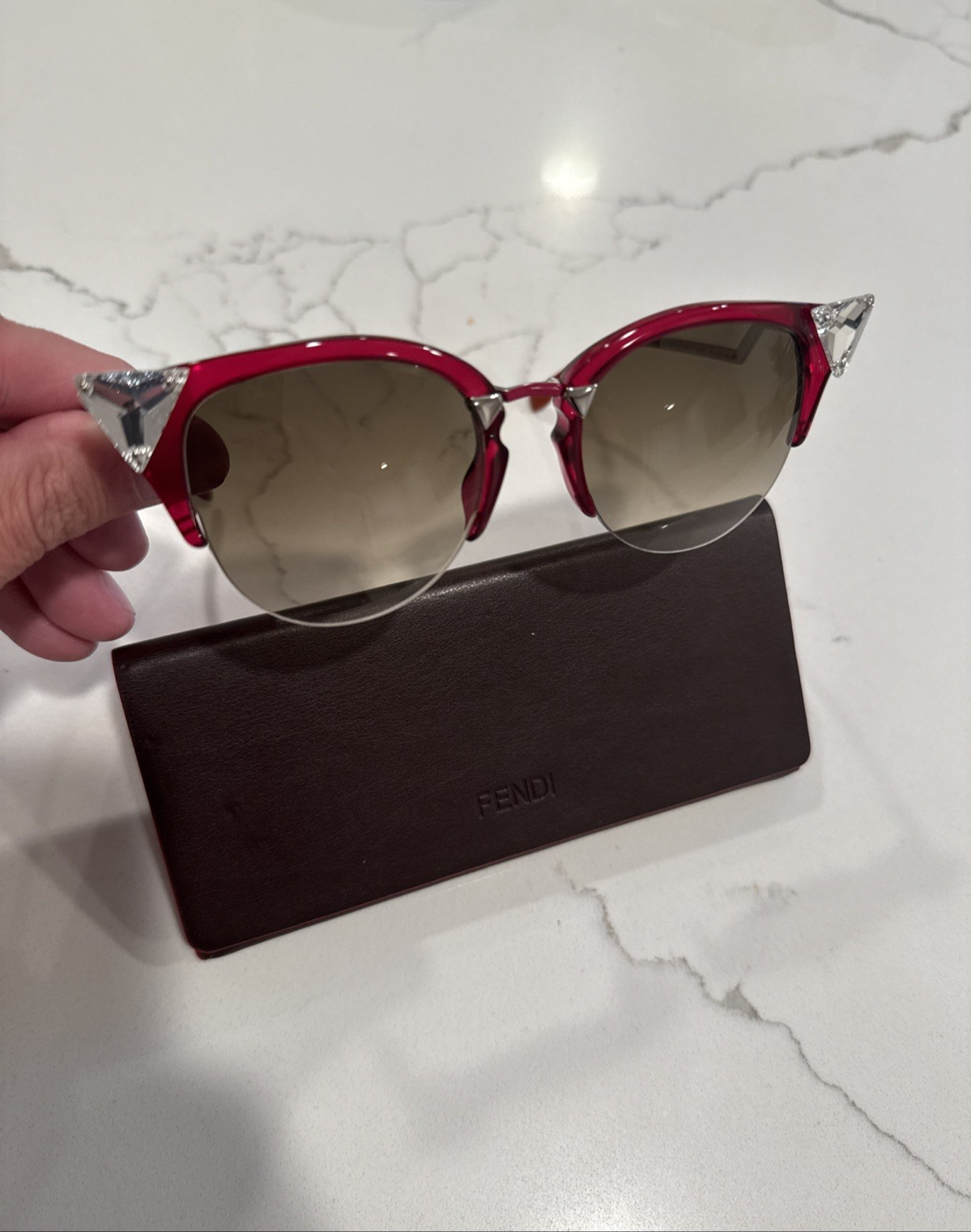 FENDI Cat Eye Sunglasses FF 0041/S Red Frame with Crystal Corners Chic Rare-image