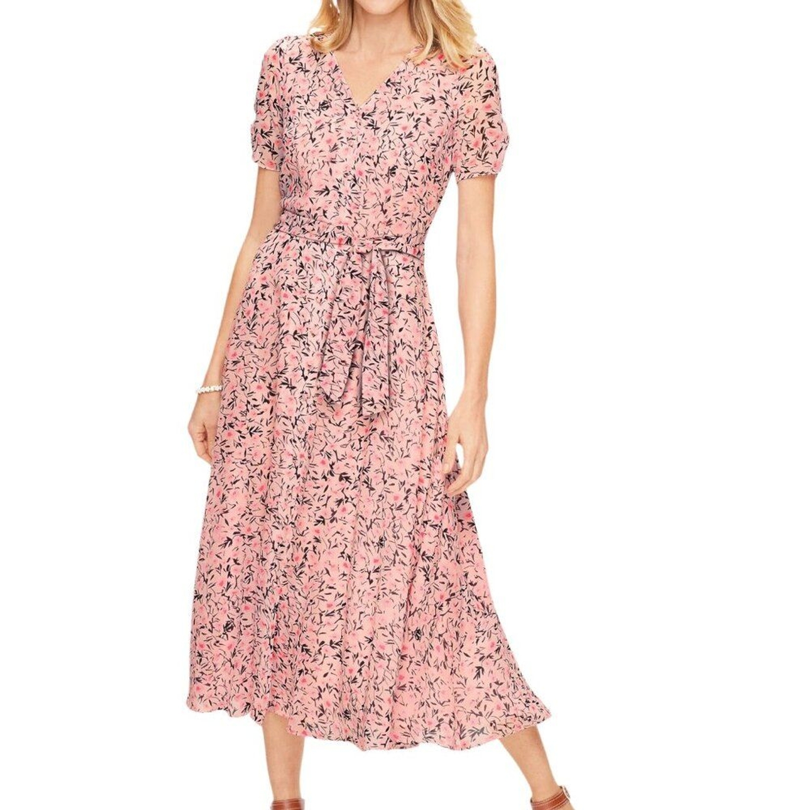 Talbots Pink Green Floral Cottagecore Short Sleeve Button-Up Dress Size 4