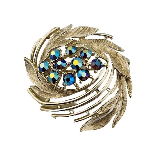 Vintage Lisner Goldtone AB Rhinestone Leaf Brooch Pin Retro Glam Fashion