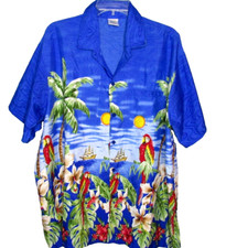Mens Hawaiian Button-Up Shirt Sz L Blue Tropical Parrot Palm Bold Summer Print