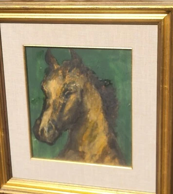 Tableau signé. Portrait : Cheval. Peinture huile sur panneau de bois - Photo 1/4
