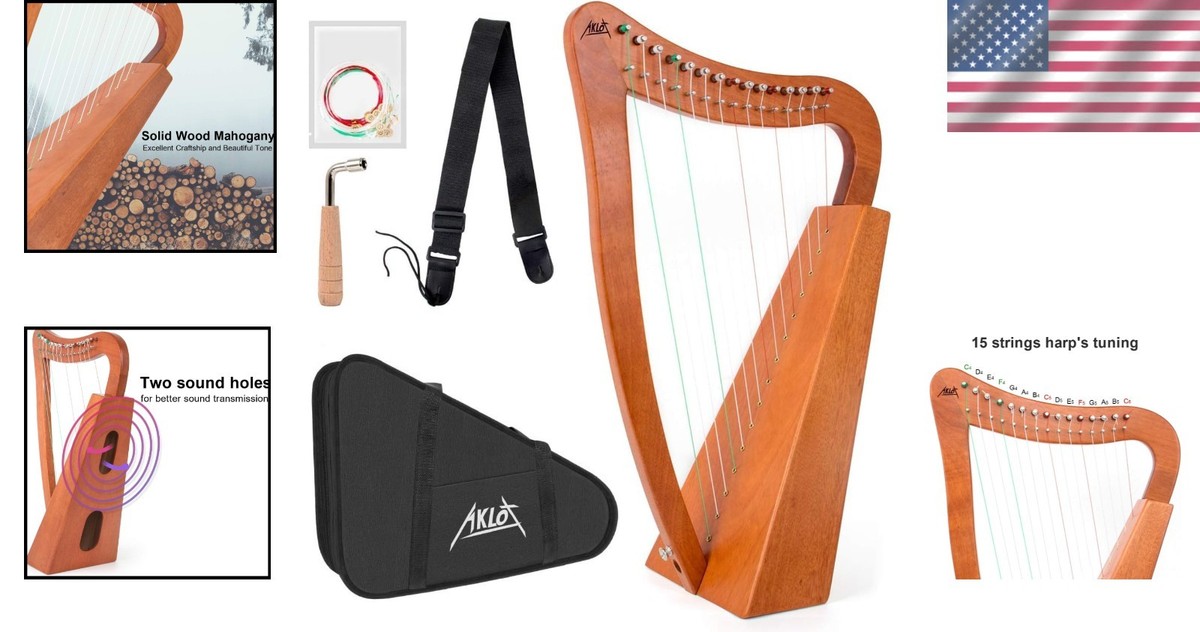 Stylish 15-String Mahogany Harp for Adults and Kids Complete Set for Easy  Play