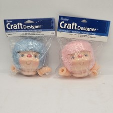2 Vtg Darice Yarn Doll Head With Hands Pink Blue Hair 4.5"