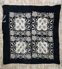 Antique Black Ivory Silk Floral w Peacocks Embroidered Manila Fashion Shawl READ