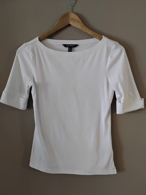 Ralph Lauren Cotton Ribbed Knit Top with Elbow-Sleeve Boat Neck
