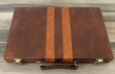 Vintage Backgammon Brown Faux Leather Set with Carrying Case Complete Board Game