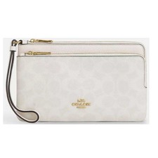 Coach Women's Wallet Double Zip Signature Canvas, Gold/White/Chalk CX161 WT CHK