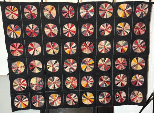 Antique Vintage Cotton Fabric Mid 1800s Wheels Crazy Quilt Folk Art STUNNING