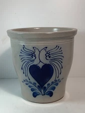 Vintage Eldreth Pottery Salt Glazed Doves Over Heart Crock Signed 7.25 in.