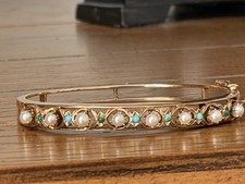 14KYG Turquoise Jade & Pearl Bangle Bracelet 19.86 Grams