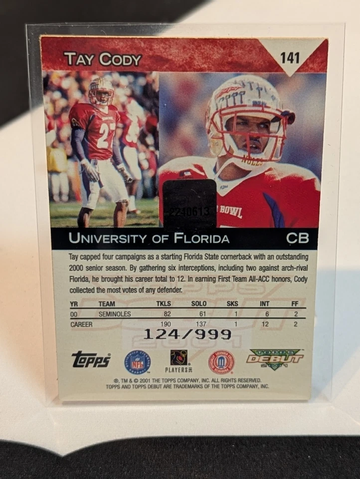 Tay Cody 2001 Topps Debut Rookie *Player Worn Patch* 124/999 #141 - Image 2 of 2