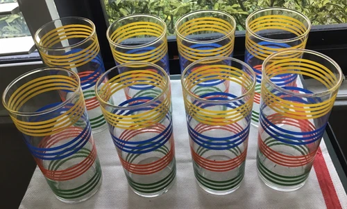8 Vintage Anchor Hocking Fiesta Striped Multi Band Tumblers Glasses 6” Tall