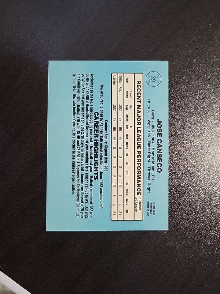 Donruss 1986 - Clasificado novato José Canseco #39 (RC) Foto 2 de 2