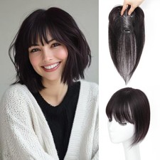 10" Clip In Human Hair Topper Cover w/ Bangs Straight 4.5 x 3" Natural Black 1 B