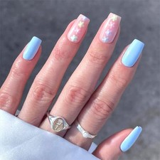Medium Press on Nails Square Fake Nails Glossy Glue on Nails Blue Full Cover