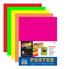 BAZIC Products Neon Poster Board Paper 11"x14" Assorted Colors 5-Pack